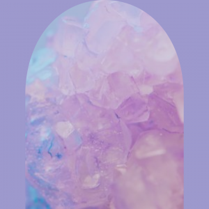 Pastel iridescent crystal texture in a rounded arch frame on lavender background.